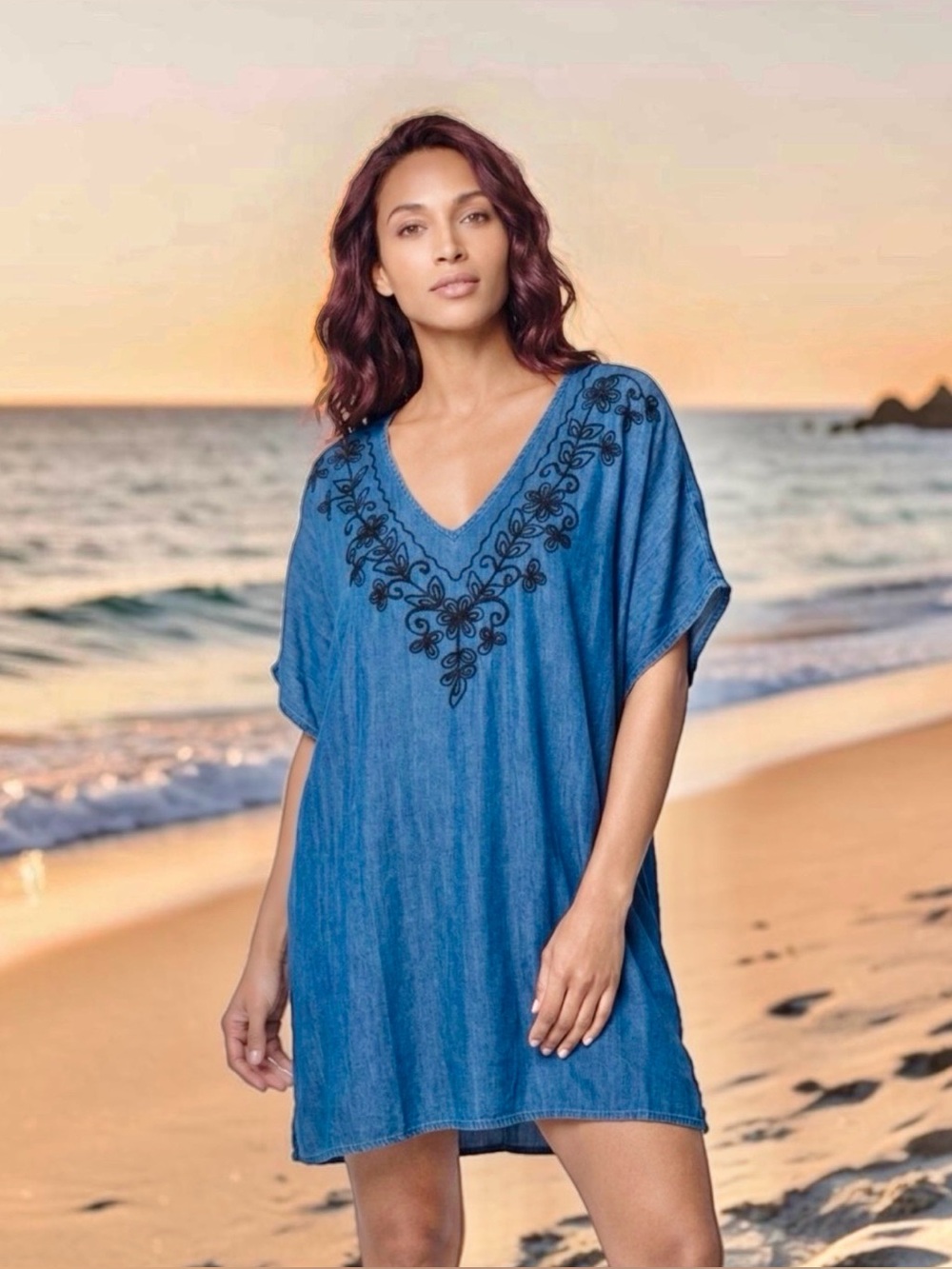 Beach By Exist Blue 100% Rayon Swim Coverup V-Neck Kimono One Size